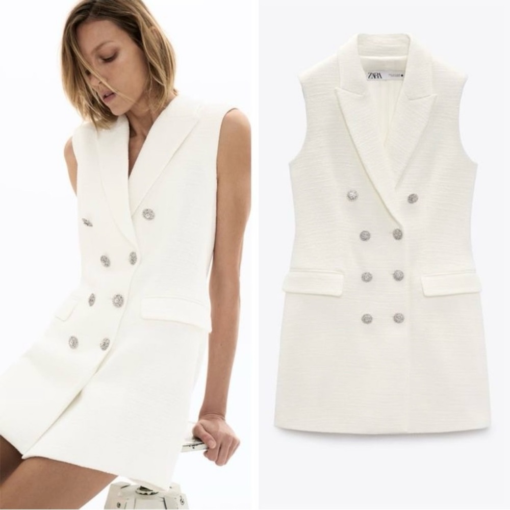 Zara Women's Textured Vest Dress White Collared